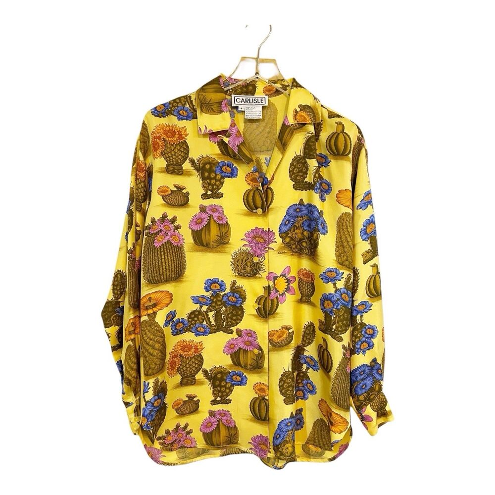 Carlisle VTG Women’s Button Down Silk Shirt All Over Cactus Print Sz 8 Rare!